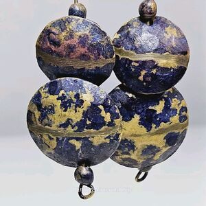 Vtg Artisan Hammered Earrings Spheres Discs Blue & Gold Shimmer Bohemian Dangle